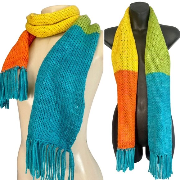 Handmade Knit Scarf with Tassels Details in Green Yellow Orange and Blue hand ma - Picture 1 of 9